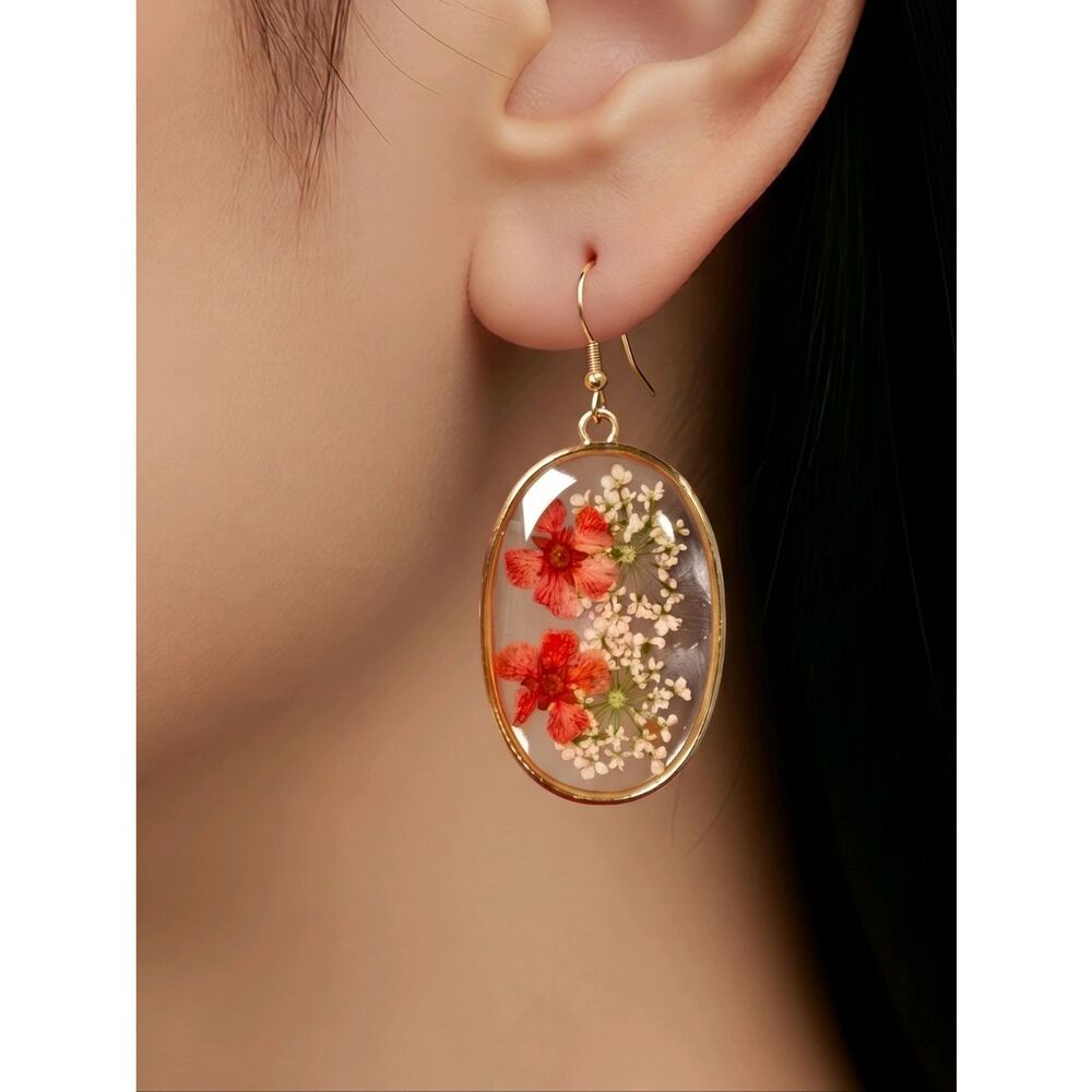 Red Flower Resin Earrings Baby’s Breath Oval Romantic Gothic Dark Romance NWT